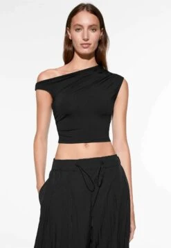 Oysho Asymmetrical RuchedTopBlack Donna T-shirt E Top OY121D07A-Q11